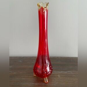Vintage MCM Kitschy LE Smith Amberina Red 3 Toed Hobnail Swung Vase 12”Tall-wow!